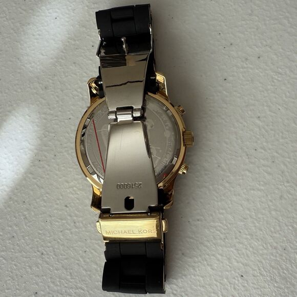 Michael Kors Runway Chronograph Gold Tone Black Silicone Women’s Watch 38mm - Picture 6 of 8